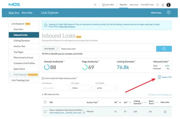 Export backlink data