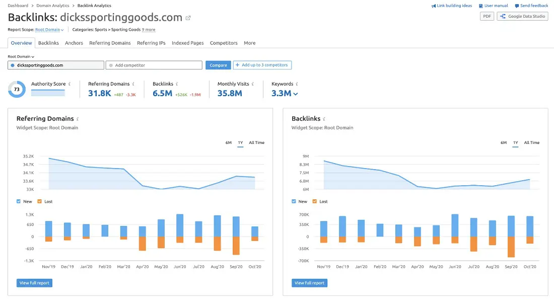 snapshot of a backlink profile